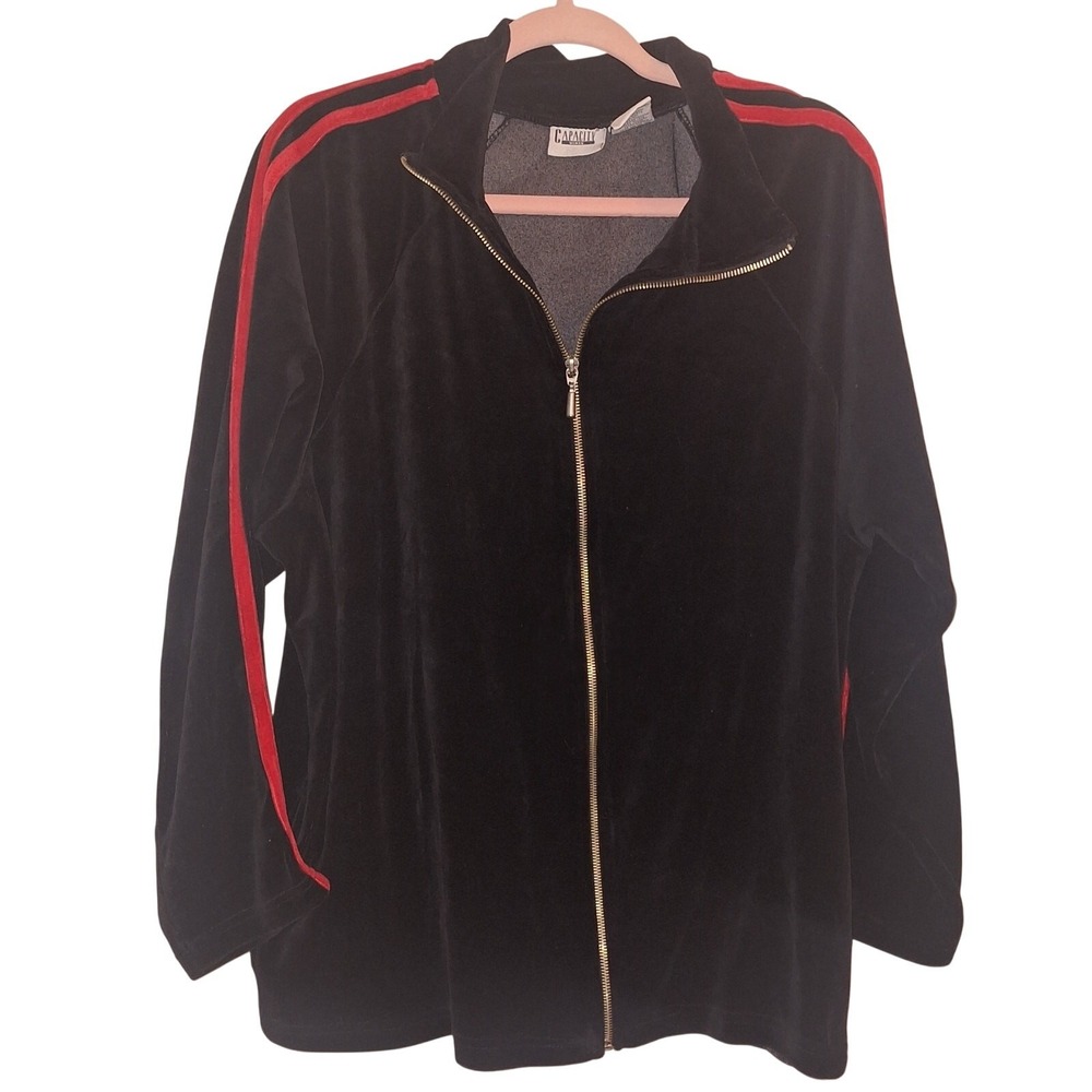 Vintage Capacity Women's Size 2x‎ Velour Black Red Stripe Track Jacket 90s